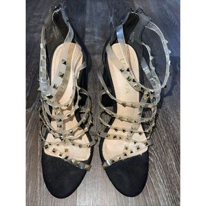 Liliana Crush Size 8 Black Suede‎ Gold Strappy Chunky Heel  , S-101